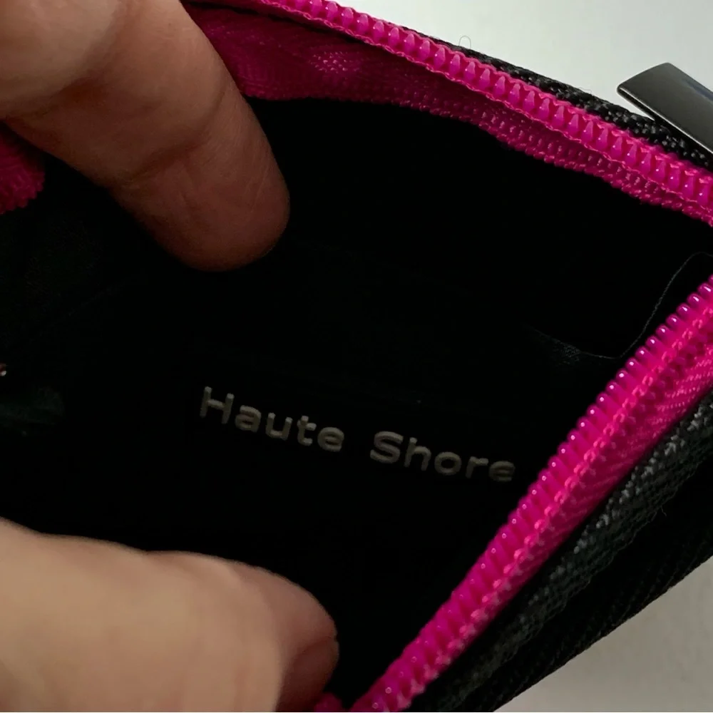 Haute Shore neoprene card keychain‎ case in gray camo and neon pink.